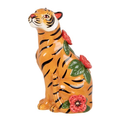 Statuette tigre en dolomite orange, noire, rose et verte H14