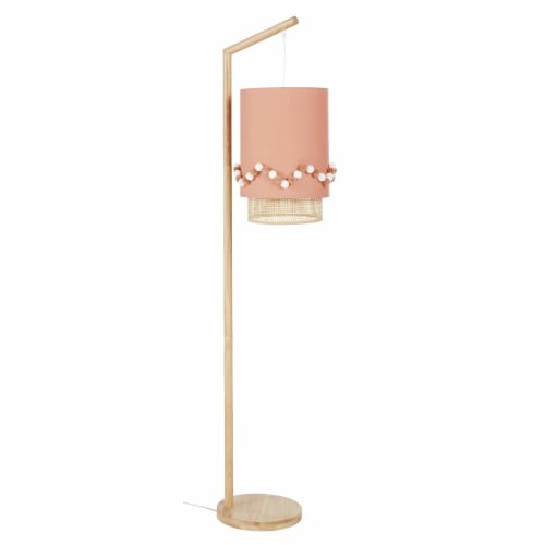Stehlampe aus Kautschukholz mit rosafarbenem Lampenschirm und Pompons, H138cm