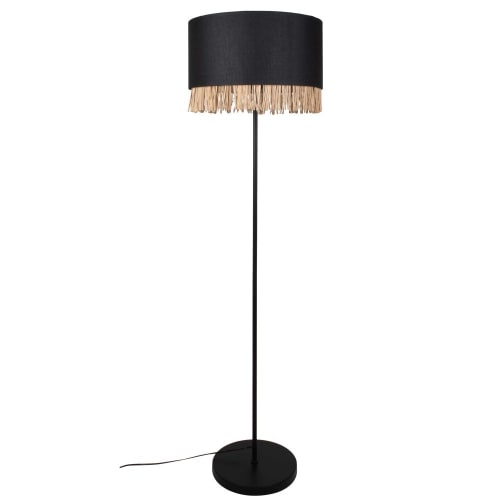 Stehlampe aus Metall mit Lampenschirm aus schwarzer Baumwolle und Fransen aus beigem Bambus, H157cm