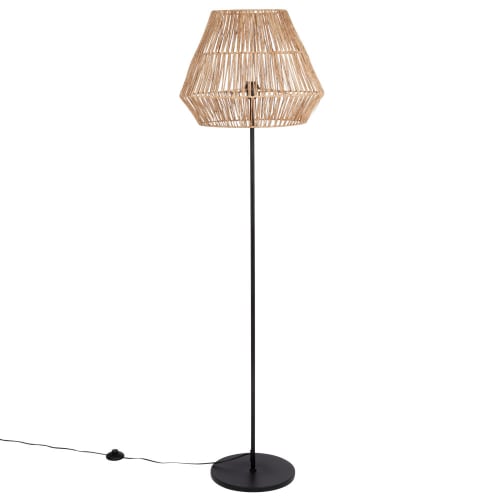Stehlampe aus schwarzem Metall mit Lampenschirm aus geflochtener Jute, H170cm