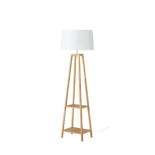 Stehlampe mit 2 Ablagen aus Eichenholz und weißem Lampenschirm H153 Stehlampe mit 2 Ablagen aus Eichenholz und weißem Lampenschirm H153
