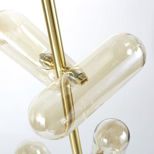 Stehlampe mit 7 Kugelschirmen aus bernsteinfarbenem Glas und