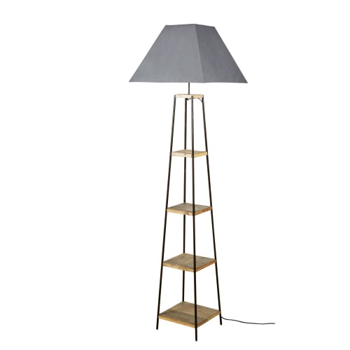 Stehlampe mit Ablagefläche aus Ziziphus mit grauem Lampenschirm H170