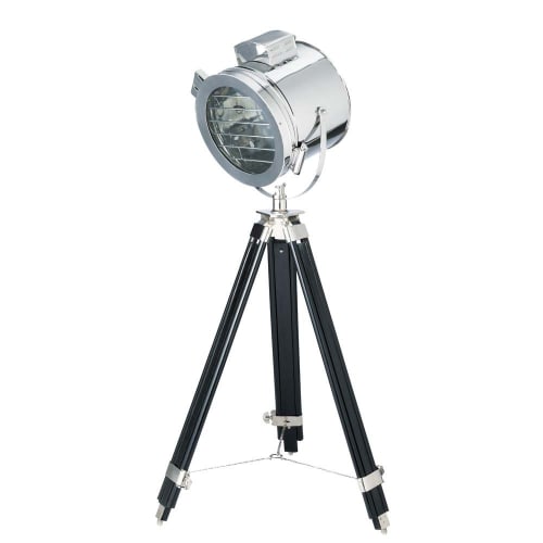 Stehleuchte 3-beinig im Scheinwerfer-Design aus verchromtem Metall