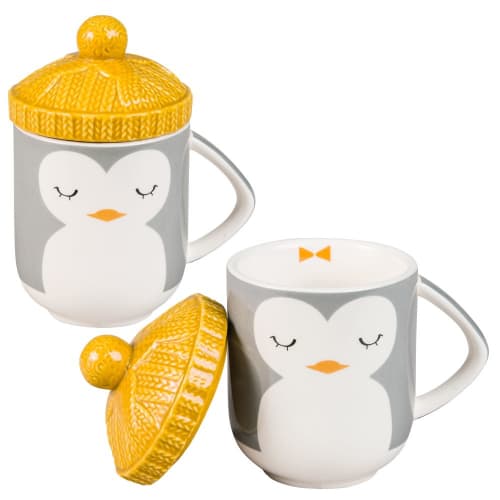 Stoneware Penguin Mug with Lid - Set of 2