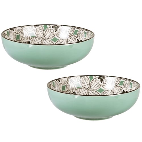 Stoneware soup plate with blue-grey, green and white graphic print - Set of 2