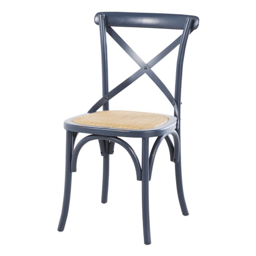 Stuhl aus dunkelblau gebeiztem Birkenholz und Rattan Tradition