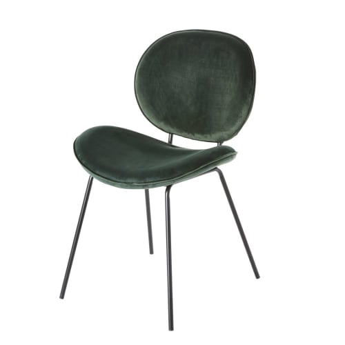 Stuhl aus schwarzem Metall mit grünem Samtbezug