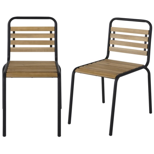 Stuhl für die gewerbliche Nutzung, perforiertes Akazienholz und schwarzes Metall (x2)