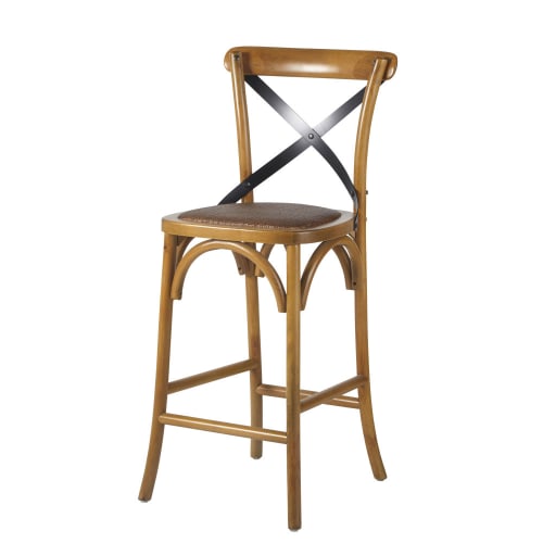 Stuhl für Mittelinsel aus Rattan, Buchenholz und schwarzem Metall H65