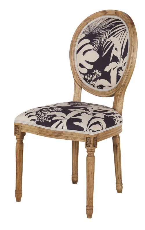Stuhl im Vintage-Stil aus Eichenholz beige, die Rückseite in Schwarz mit Blätteraufdruck