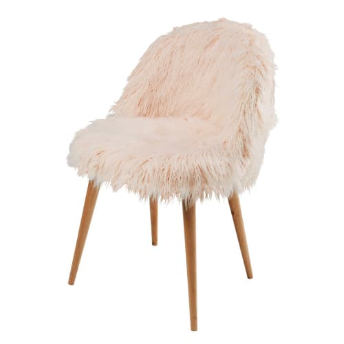 Stuhl im Vintage-Stil aus rosa Kunstfell und Birkenholz