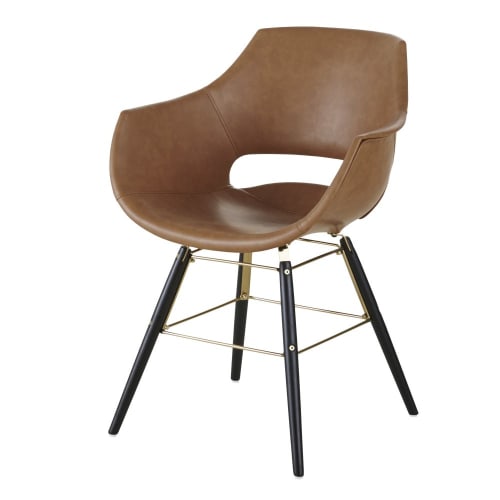 Stuhl mit Armlehne, brauner Kunstlederbezug in Used-Optik