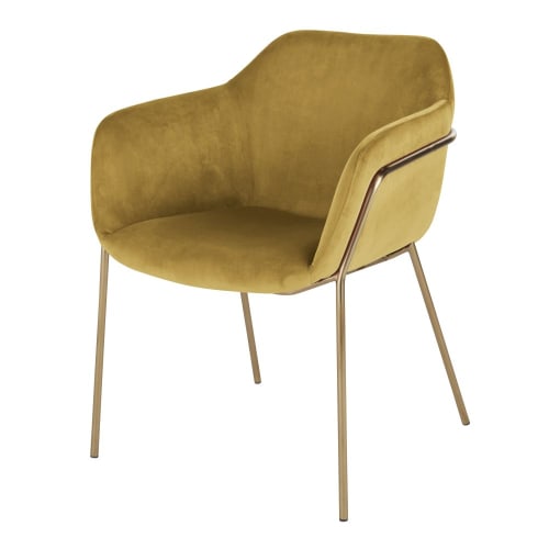 Möbel Stühle und Esszimmerstühle | Stuhl mit ockerfarbenem Samtbezug und goldfarbenem Metall, OEKO-TEX®-zertifiziert - BG15196