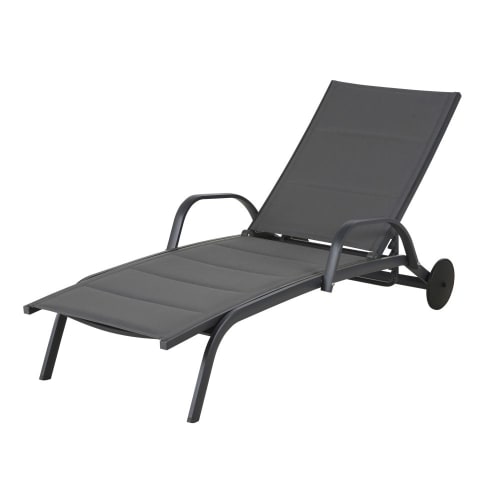 Sun lounger in aluminium and charcoal grey plastic-coated canvas