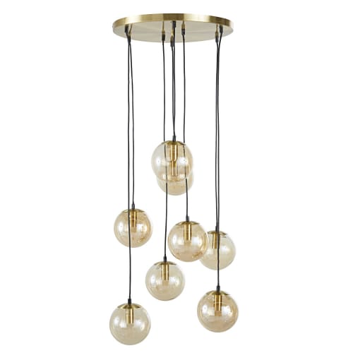 Suspension en métal doré 8 globes en verre ambré | Maisons du Monde