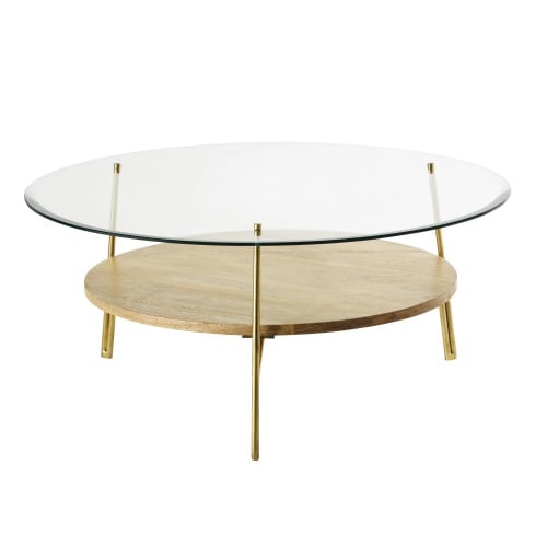 Meubles Tables basses | Table basse ronde en verre trempé et manguier massif - QY16382