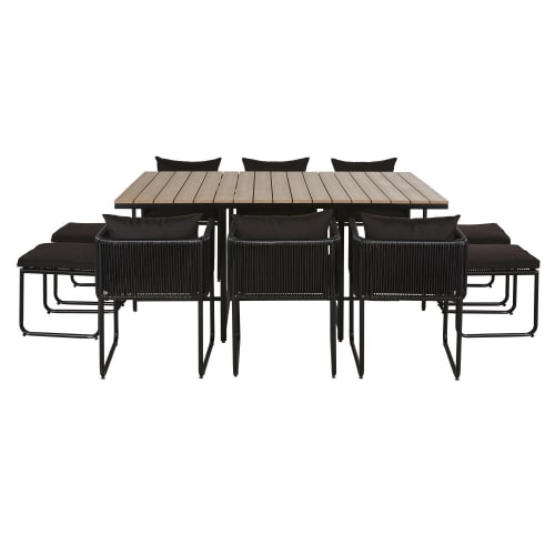 Table de jardin en composite imitation teck 10 personnes L170 et fauteuils (x6) et tabourets (x4) en résine noire | Maisons du Monde