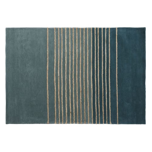 Tapis en laine verte motifs à rayures en jute 140x200