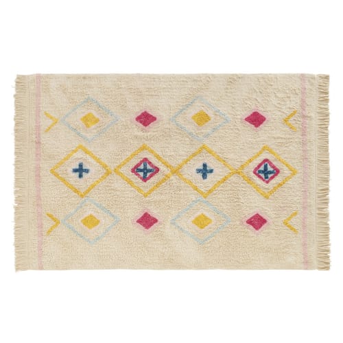 Tappeto berbero in cotone bianco a motivi multicolori, 120x180 cm