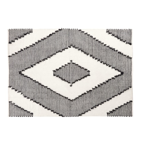 Tappeto In Cotone Intessuto écru E Nero Motivi Grafici 140x200 Cm