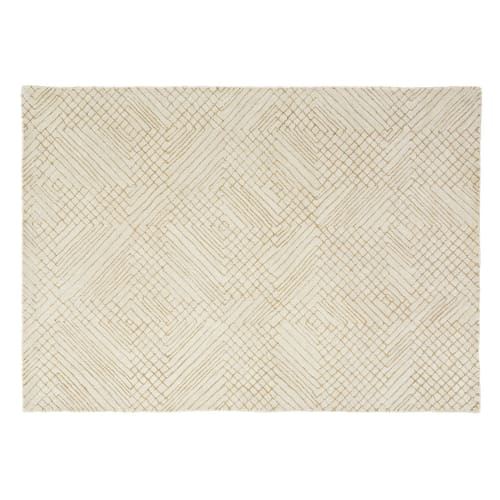 Tappeto in lana beige con motivi geometrici, 140x200 cm
