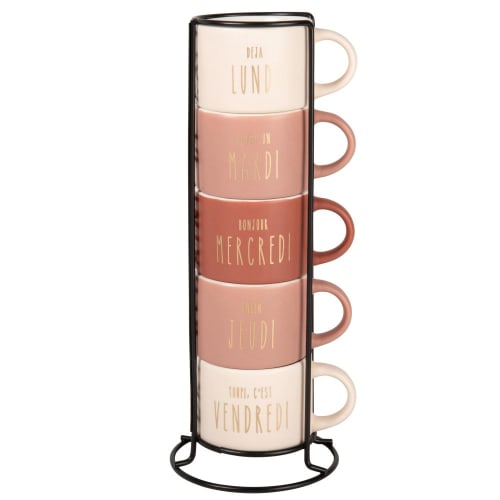 Tischkultur Tassen und Becher | Tassen aus Porzellan, Set aus 5, mit Ständer, rosa, fuchsia, altrosa und goldfarben - IM43544