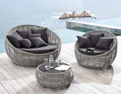 Tavolino Da Giardino Rotondo In Resina Intrecciata E Vetro Grigio Tamarin Maisons Du Monde