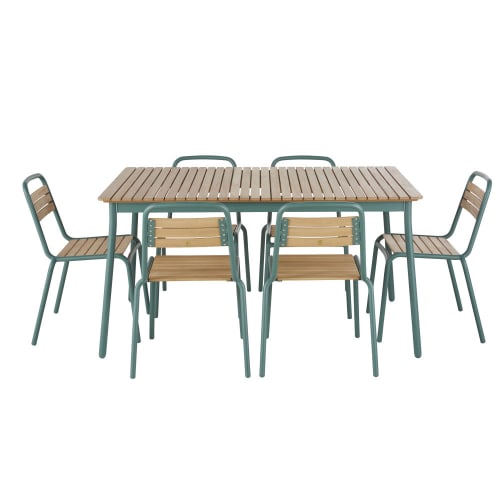 Tavolo da giardino per 6 persone larg. 147 cm e sedie (x6) in alluminio blu petrolio e legno massello di eucalipto