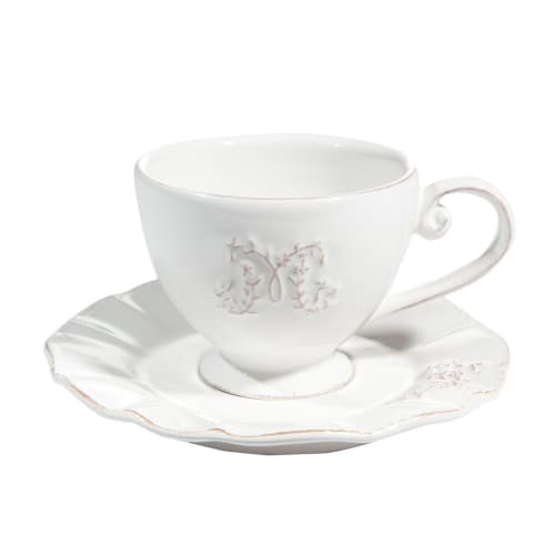 Taza y platillo de té de loza blanca - Lote de 2
