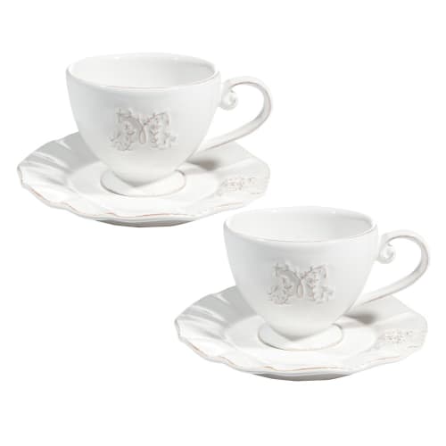 Tazza da tè bianca e piattino in maiolica - Lotto di 2
