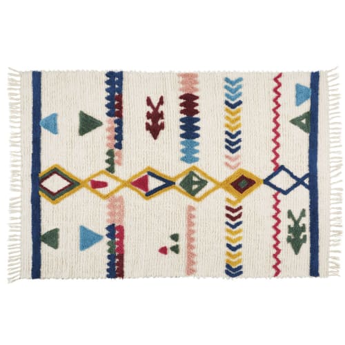 Textil Teppiche | Teppich aus Baumwolle und Wolle, ecru, mit bunten Motiven und Fransen 140x200 - GP01141