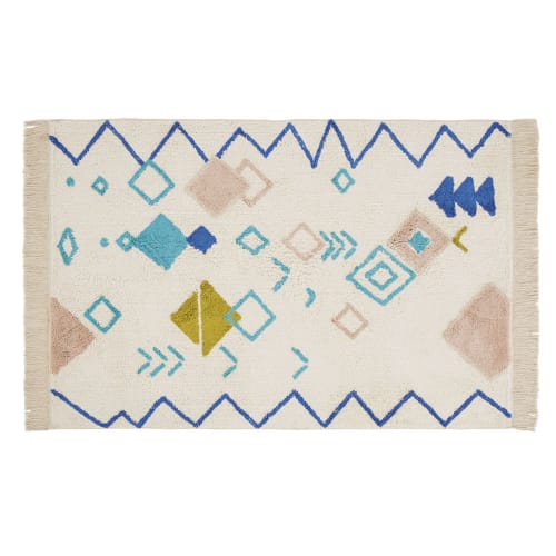 Kids Teppiche für Kinder | Teppich, marokkanischer Stil, Baumwolle, ecru-senfgelb mit Quasten, 120x180cm - CD49982