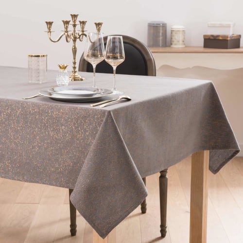 Toalha de mesa de algodão cor taupe e de lurex dourado 150x250 TITICACA