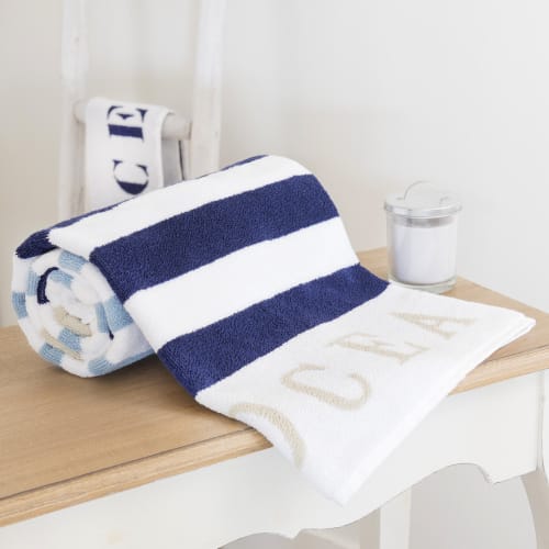 Toalla de baño azul de rayas de algodón 50 × 100 cm Océan | Maisons du
