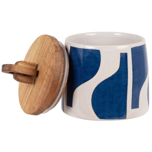 Tischkultur Dosen und Bonbonschachteln | Topf aus cremefarbenem und marineblauem Steingut mit Deckel aus Akazienholz, H9cm - SH35117
