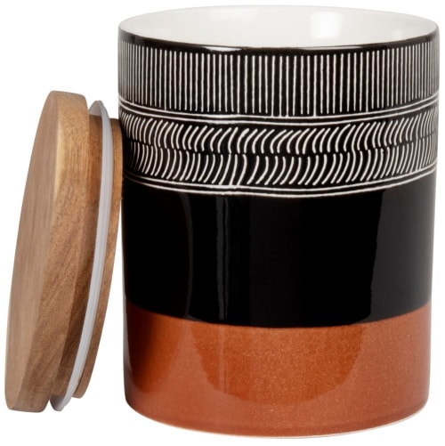 Tischkultur Dosen und Bonbonschachteln | Topf aus Steinzeug, schwarz und braun, mit Deckel aus Akazienholz, H15cm - EH35559