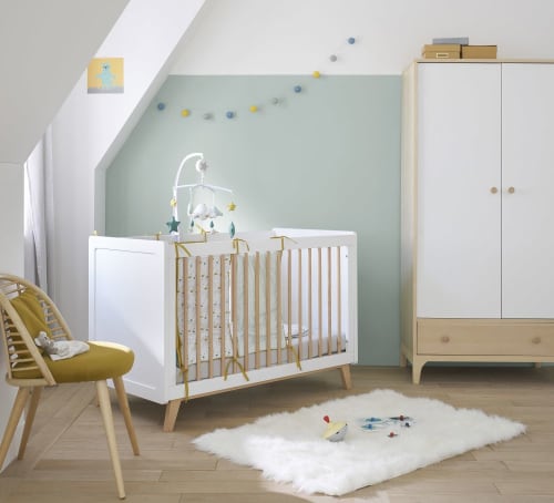 Tour de lit bébé en coton blanc, bleu et jaune moutarde Gaston