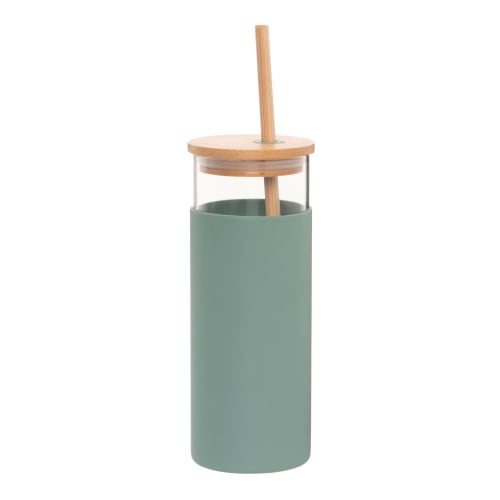 Trinkflasche aus Glas, Bambus und Silikon mit Trinkhalm, grün, 0,50 l - Set aus 2