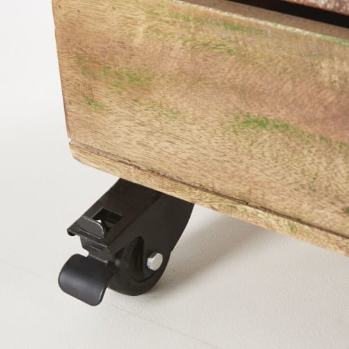 Möbel Hocker und Sitzhocker | Truhenhocker aus Recyclingholz mit braunem Ziegenlederbezug - AH10020