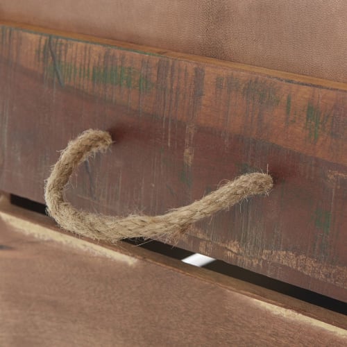 Möbel Hocker und Sitzhocker | Truhenhocker aus Recyclingholz mit braunem Ziegenlederbezug - AH10020