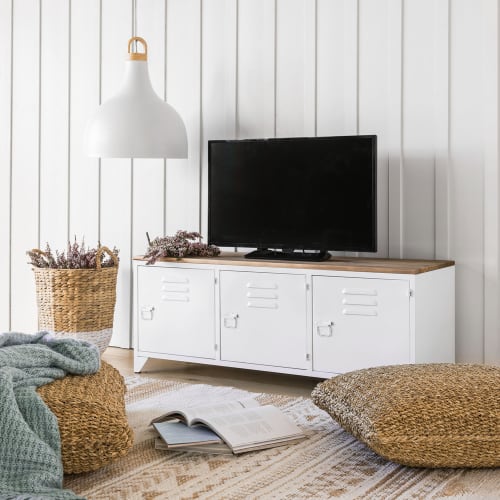 Möbel TV-Möbel | TV-Möbel 3 Türen im Industriestil aus weißem Metall und Tannenholz - NW31280