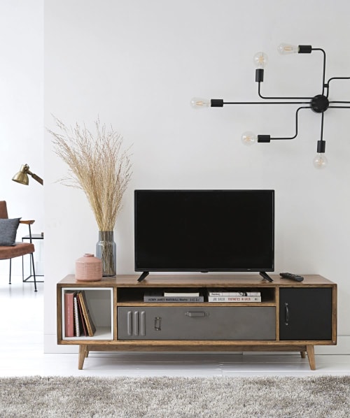 Möbel TV-Möbel | TV-Möbel im Industrial-Stil mit 2 Türen aus Mangoholz und Metall - FF33180