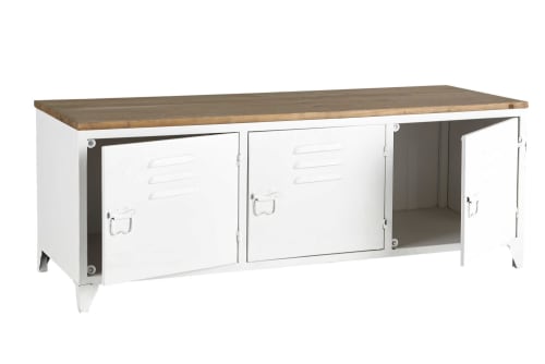 TV-Möbel im Industriestil aus weißem Metall und Tannenholz Bruce