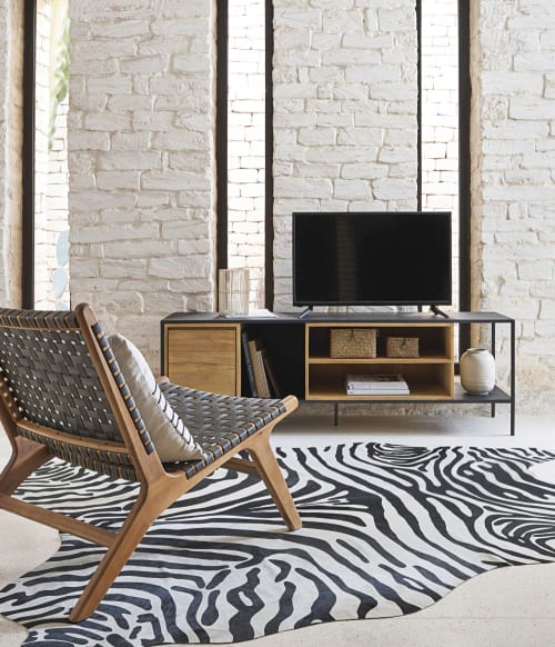 Möbel TV-Möbel | TV-Möbel mit 1 Tür aus schwarzem Metall und massivem Mangoholz - QU87364