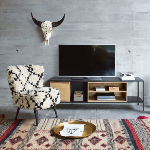 Möbel TV-Möbel | TV-Möbel mit 1 Tür aus schwarzem Metall und massivem Mangoholz - QU87364