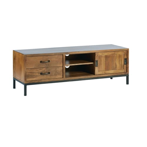 Möbel TV-Möbel | TV-Möbel mit 1 Tür und 2 Schubladen aus massivem Mangoholz und schwarzem Metall - JP99284