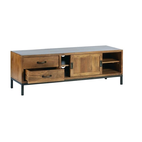 Möbel TV-Möbel | TV-Möbel mit 1 Tür und 2 Schubladen aus massivem Mangoholz und schwarzem Metall - JP99284