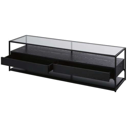Möbel TV-Möbel | TV-Möbel mit 2 Schubladen aus Glas und schwarzem Metall - MZ92056