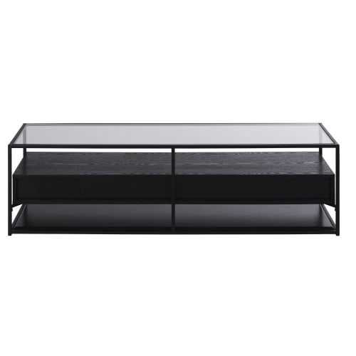 Möbel TV-Möbel | TV-Möbel mit 2 Schubladen aus Glas und schwarzem Metall - MZ92056